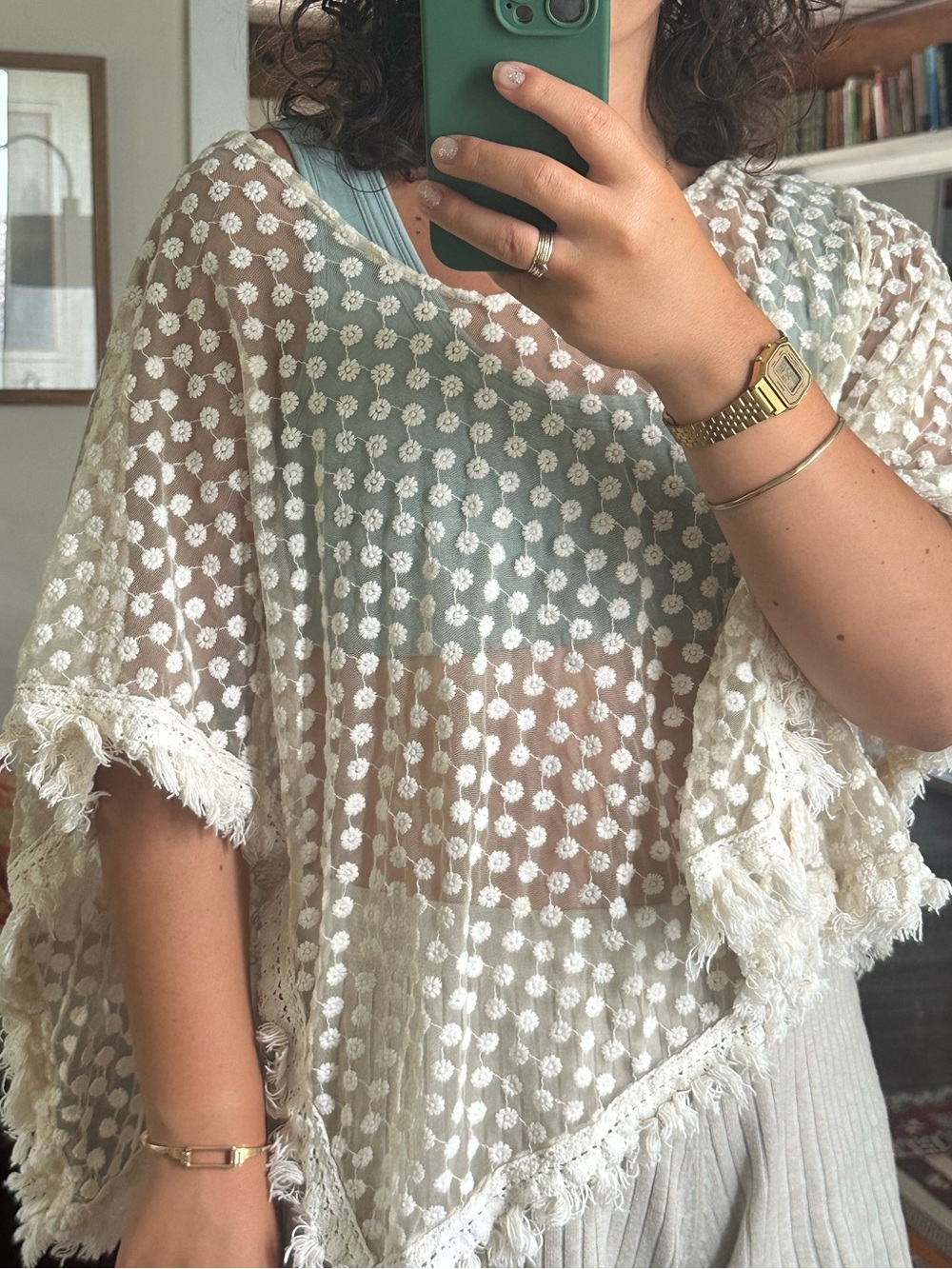 Free People Ivory Floral Crochet Poncho